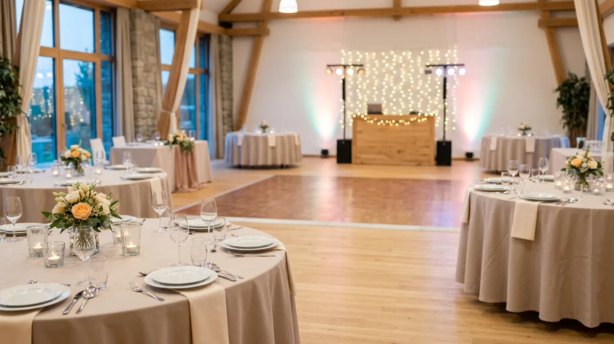 Festlich beleuchteter Hochzeitssaal mit Tanzfläche und DJ-Pult am Abend