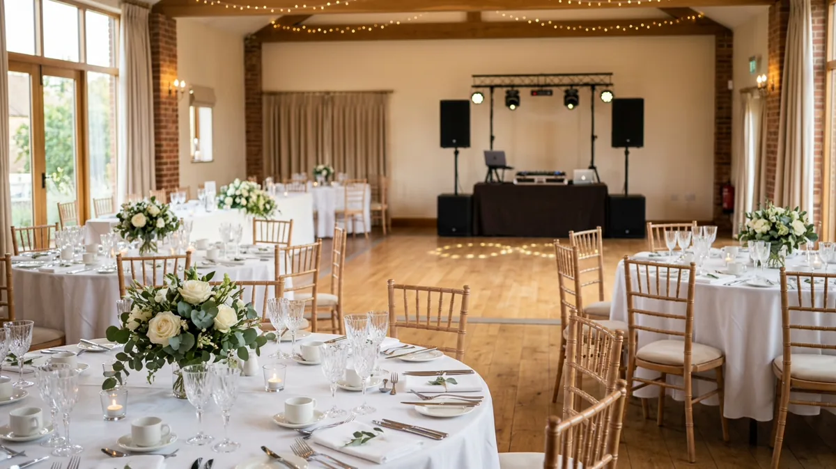 Festlich vorbereiteter Hochzeitssaal mit Tanzfläche und DJ-Technik