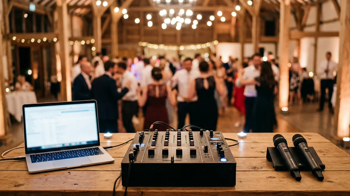 DJ-Pult mit Mischpult und Funkmikrofonen auf einer abendlichen Hochzeitsfeier