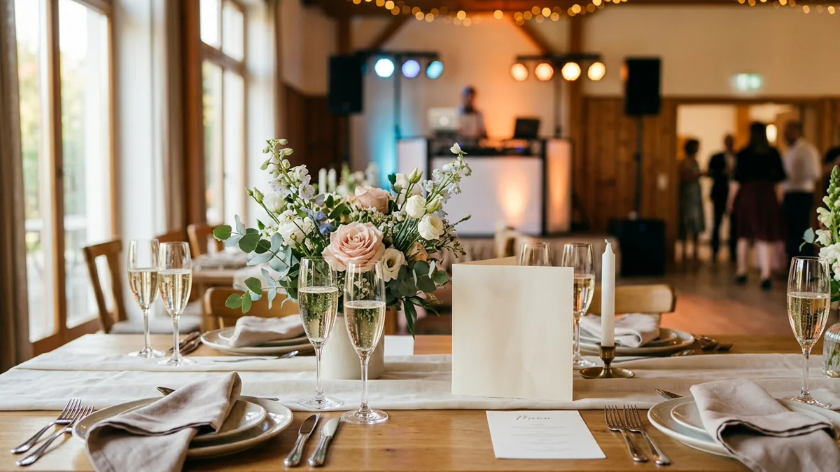 Festlich gedeckter Hochzeitstisch mit Zeitplan und DJ-Pult im Hintergrund
