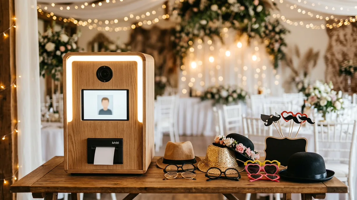 Fotobox mit Drucker und Requisiten in festlich beleuchteter Hochzeitslocation