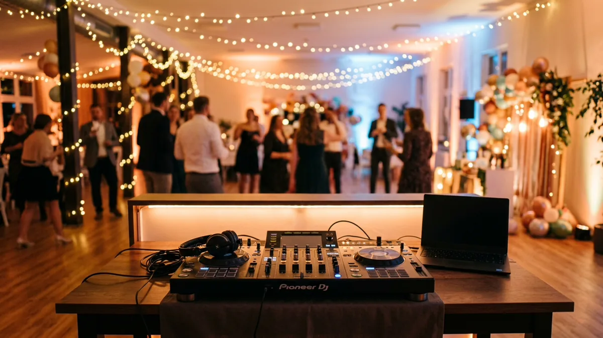 DJ-Pult mit Kopfhörern auf einer festlich beleuchteten Geburtstagsparty
