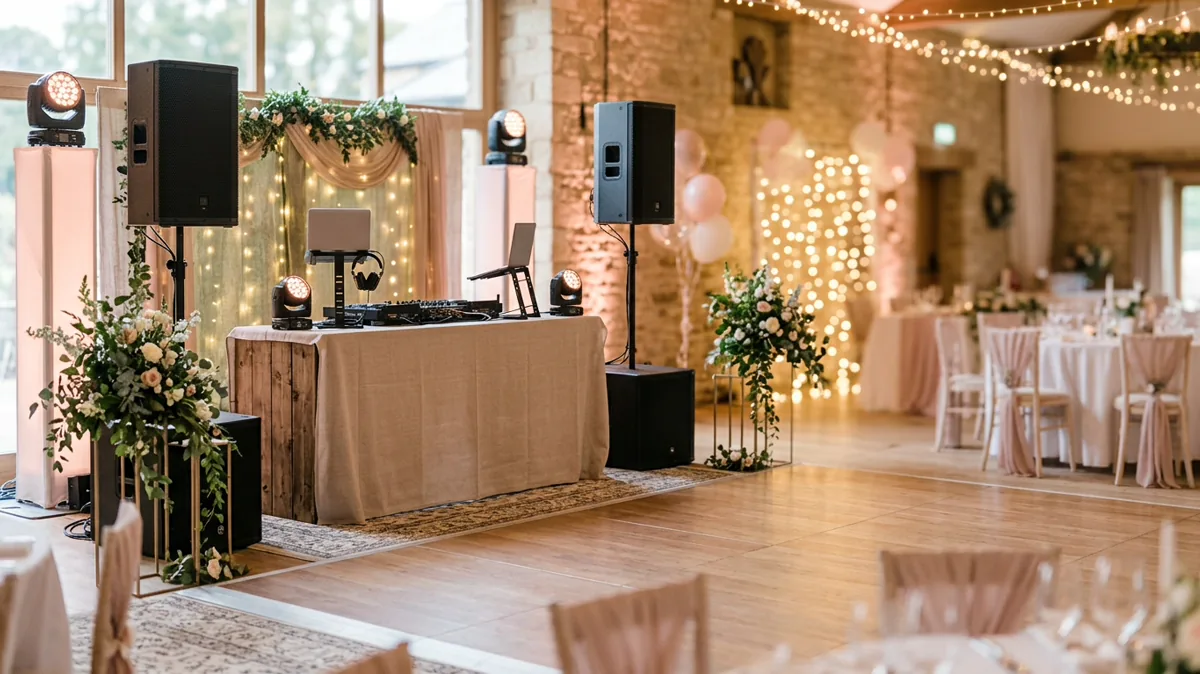 DJ-Pult mit Lichttechnik auf einer festlich beleuchteten Hochzeitstanzfläche