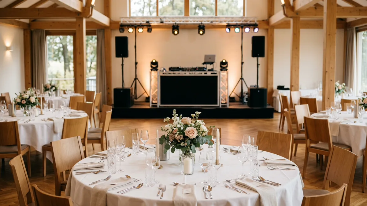 Hochzeitssaal mit aufgebautem DJ-Pult und Lichttechnik vor Beginn der Feier