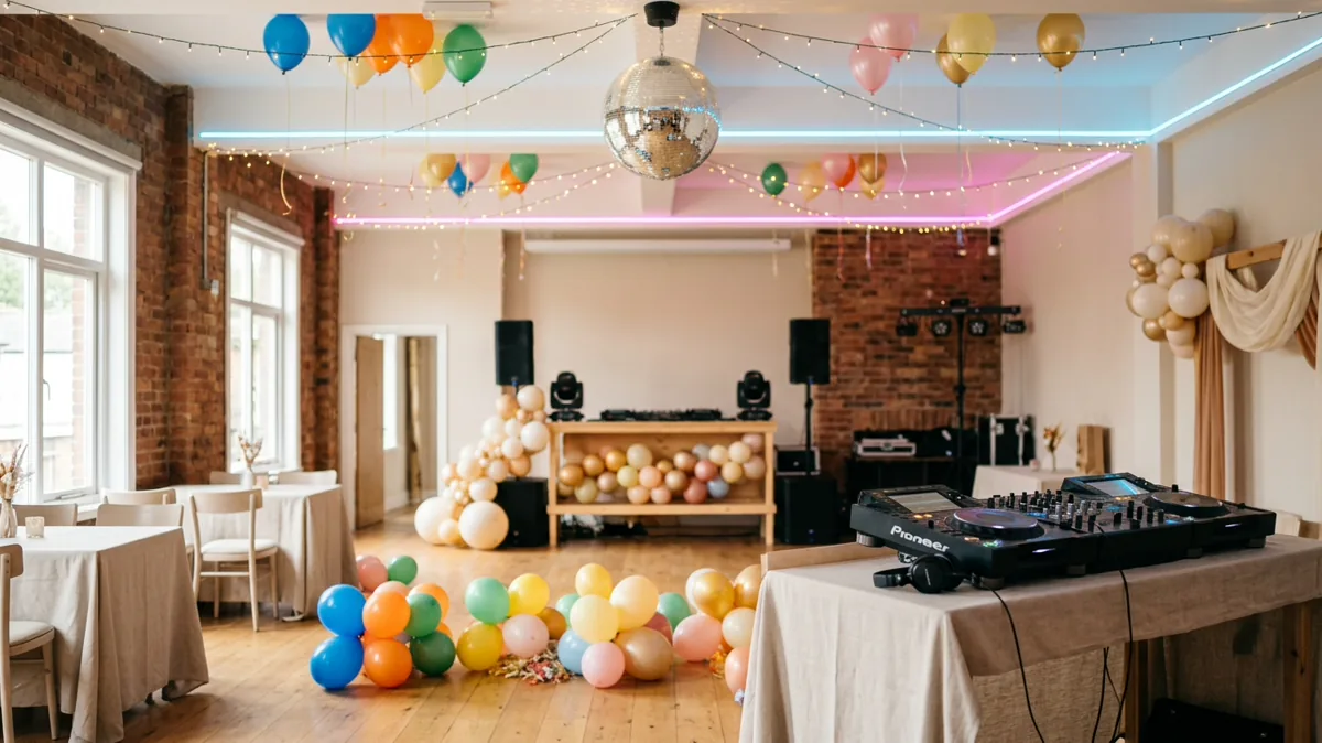 Partyraum mit Discokugel, Neonlicht und DJ-Pult für eine Mottoparty