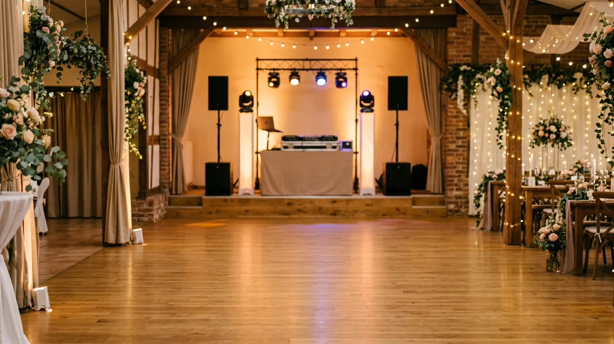 Festlich beleuchtete Tanzfläche mit DJ-Pult bei einer Hochzeit