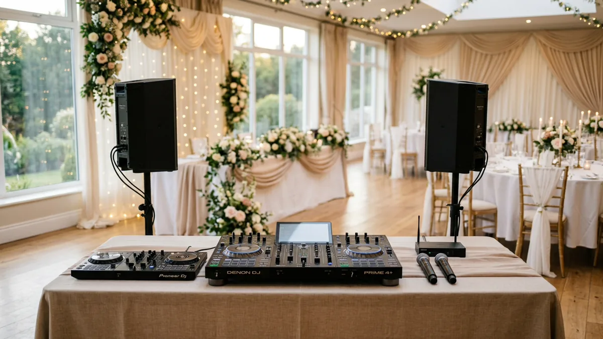 DJ-Pult mit Backup-Equipment und Funkmikrofonen in einem Hochzeitssaal